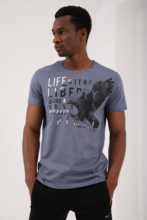 Petrol Kartal Baskılı Standart Kalıp O Yaka Erkek T-Shirt - 87932