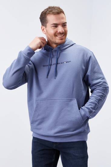 Petrol Kol Baskılı Kapüşonlu Rahat Form Erkek Sweatshirt - 88038 