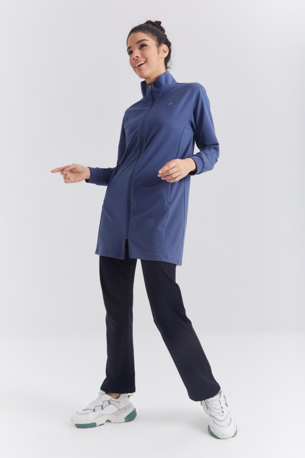 Petrol - Lacivert Dik Yaka Fermuarlı Rahat Form Klasik Paça Kadın Eşofman Tunik Takım - 95312