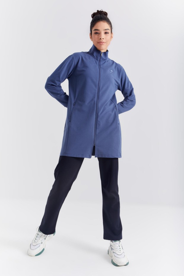 Petrol - Lacivert Dik Yaka Fermuarlı Rahat Form Klasik Paça Kadın Eşofman Tunik Takım - 95312