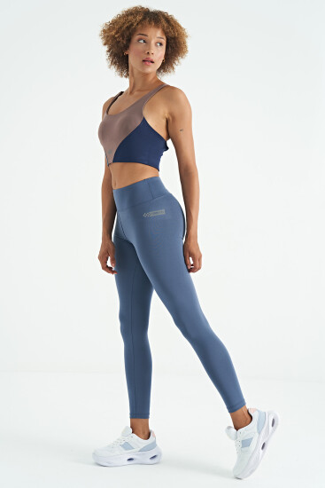 Petrol Logo Baskı Detaylı Yüksek Bel Dalgıç Kumaş Slim Fit Kadın Tayt - 94627 - TOMMYLIFE