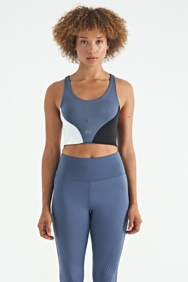 Petrol Logo Baskılı Renk Bloklu Sırt Çapraz Detaylı Dalgıç Kumaş Kadın Büstiyer - 97260 - TOMMYLIFE