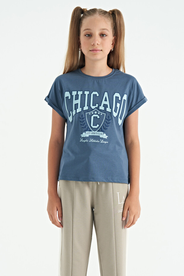 Petrol O Yaka Düşük Omuzlu Rahat Form Kısa Kollu Kız Çocuk T-Shirt - 75128
