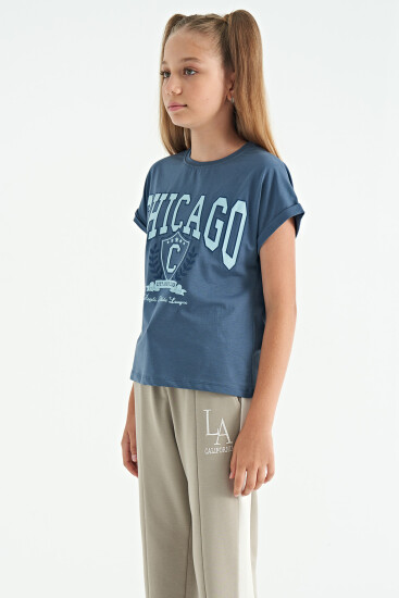 Petrol O Yaka Düşük Omuzlu Rahat Form Kısa Kollu Kız Çocuk T-Shirt - 75128 - TOMMYLIFE (1)