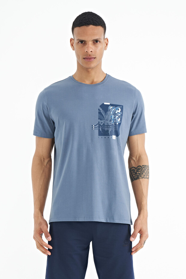Petrol Ön Arka Baskı Detaylı Standart Form Erkek T-shirt - 88233