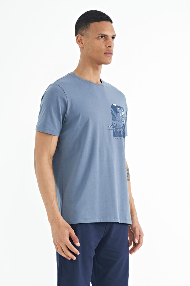 Petrol Ön Arka Baskı Detaylı Standart Form Erkek T-shirt - 88233
