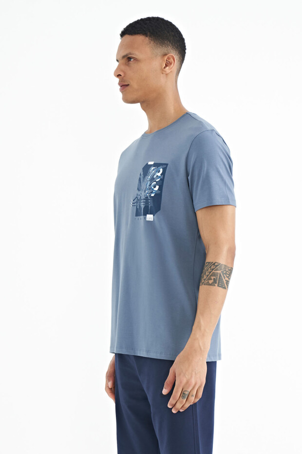 Petrol Ön Arka Baskı Detaylı Standart Form Erkek T-shirt - 88233