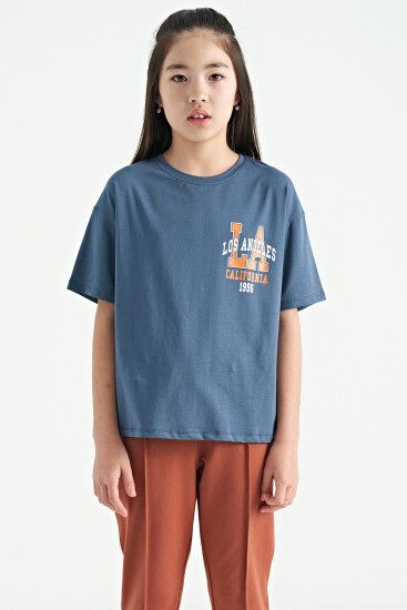 Petrol Ön Arka Baskılı O Yaka Oversize Kısa Kollu Kız Çocuk T-Shirt - 75127 