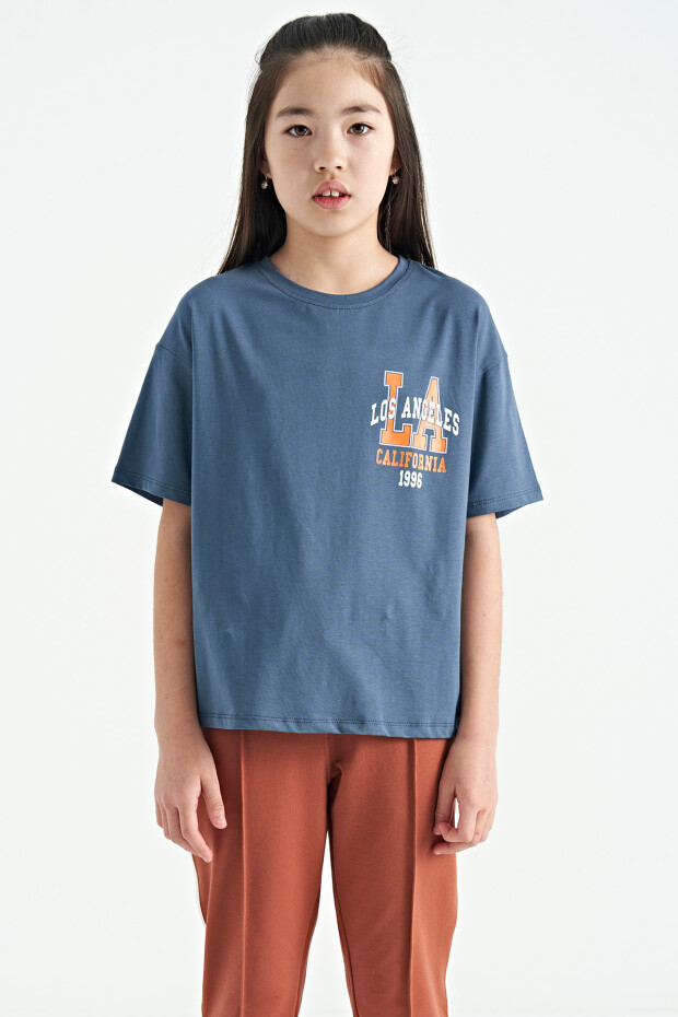 Petrol Ön Arka Baskılı O Yaka Oversize Kısa Kollu Kız Çocuk T-Shirt - 75127