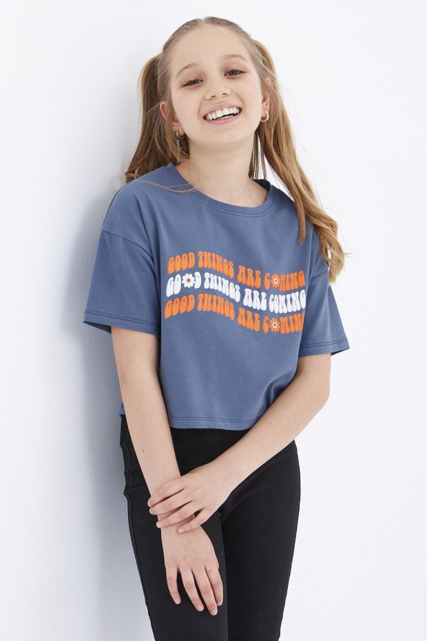 Petrol Oversize Renkli Yazı Baskılı Düşük Omuz O Yaka Kız Çocuk Crop T-Shirt - 75038
