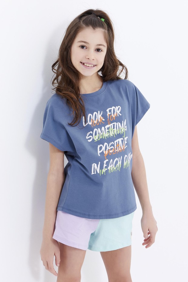 Petrol Oversize Renkli Yazı Baskılı O Yaka Kız Çocuk T-Shirt - 75029