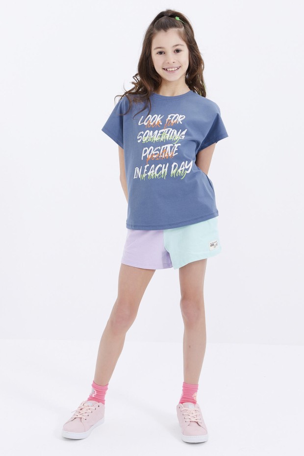 Petrol Oversize Renkli Yazı Baskılı O Yaka Kız Çocuk T-Shirt - 75029