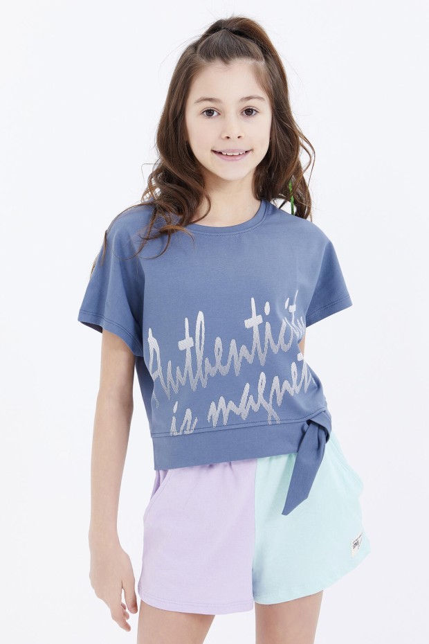 Petrol Oversize Yazı Baskılı Beli Bağlama Detaylı O Yaka Kız Çocuk T-Shirt - 75045