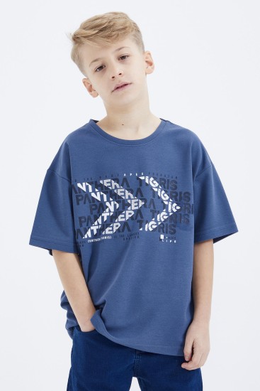 Petrol Oversize Yazı Baskılı Kısa Kollu O Yaka Erkek Çocuk T-Shirt - 10930 