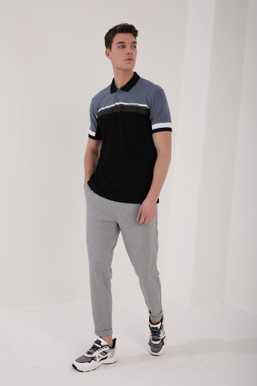 Petrol Renkli Baskı Şeritli Standart Kalıp Düğmeli Polo Yaka Erkek T-Shirt - 87945 - Thumbnail