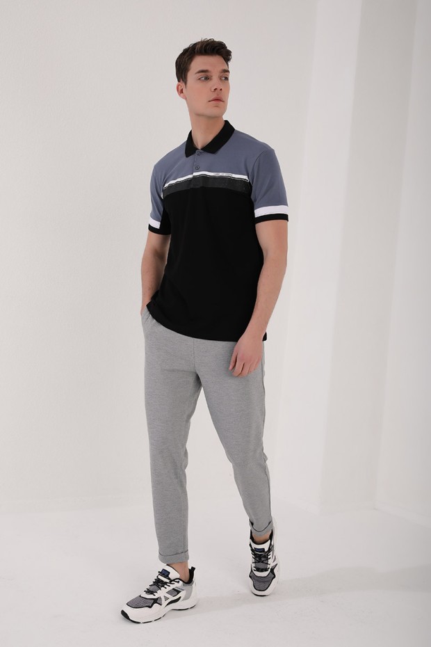 Petrol Renkli Baskı Şeritli Standart Kalıp Düğmeli Polo Yaka Erkek T-Shirt - 87945