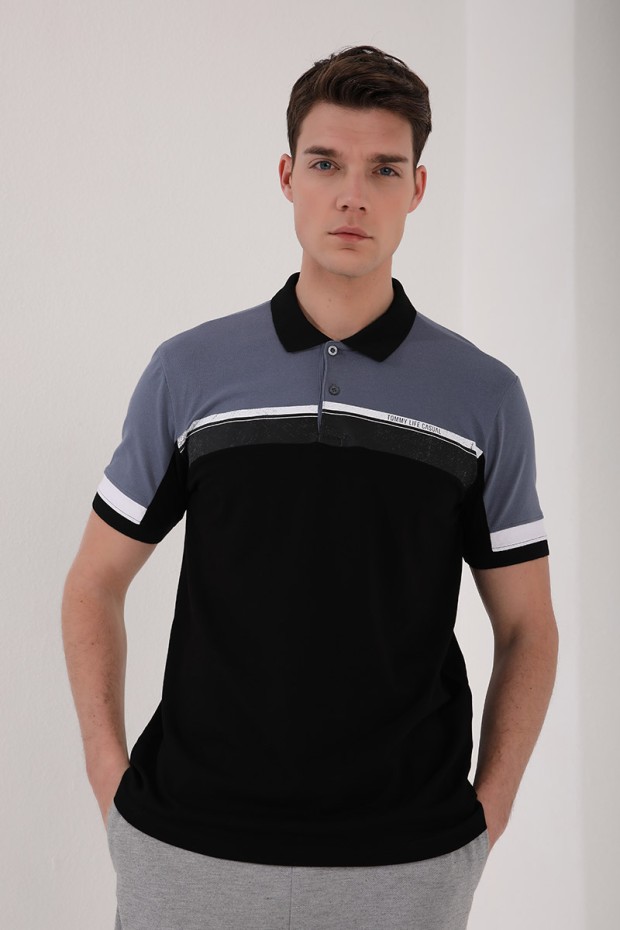 Petrol Renkli Baskı Şeritli Standart Kalıp Düğmeli Polo Yaka Erkek T-Shirt - 87945