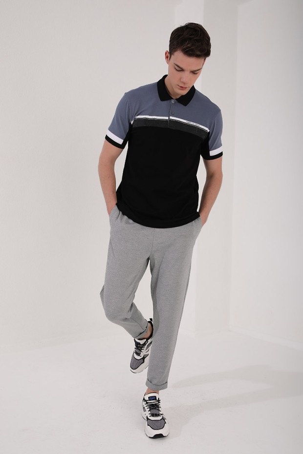 Petrol Renkli Baskı Şeritli Standart Kalıp Düğmeli Polo Yaka Erkek T-Shirt - 87945