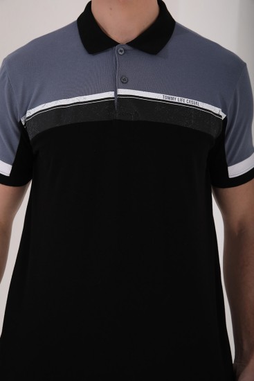 Petrol Renkli Baskı Şeritli Standart Kalıp Düğmeli Polo Yaka Erkek T-Shirt - 87945 - Thumbnail