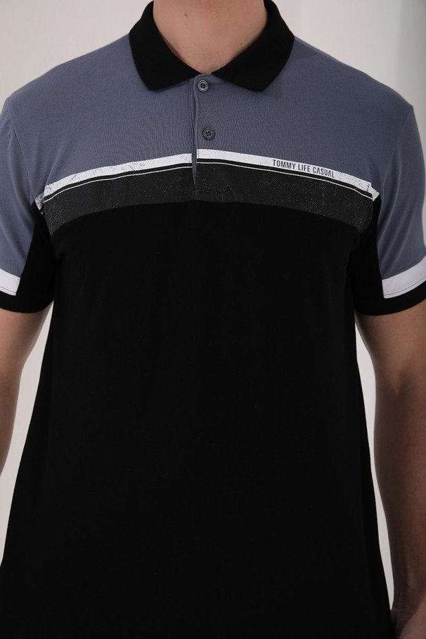 Petrol Renkli Baskı Şeritli Standart Kalıp Düğmeli Polo Yaka Erkek T-Shirt - 87945