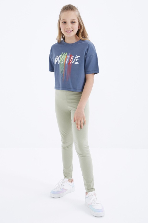 Petrol Renkli Yazı Baskılı O Yaka Oversize Düşük Omuz Kız Çocuk Crop T-Shirt - 75036
