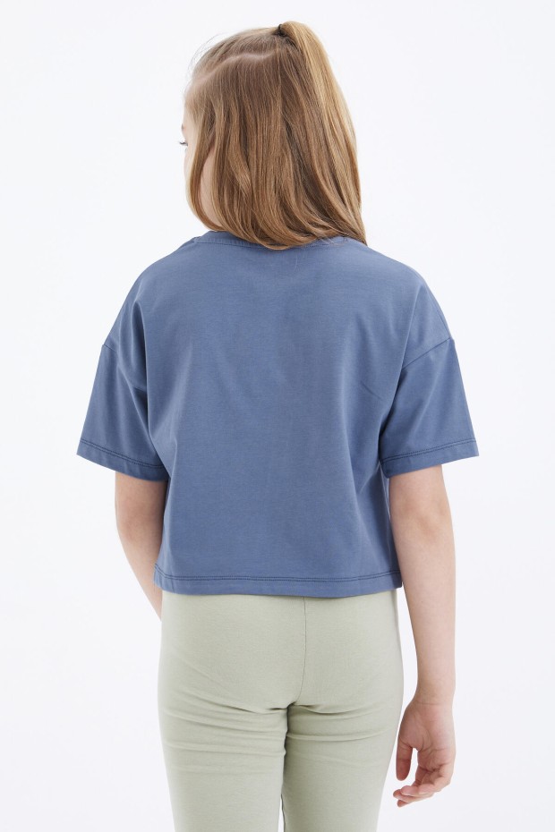 Petrol Renkli Yazı Baskılı O Yaka Oversize Düşük Omuz Kız Çocuk Crop T-Shirt - 75036