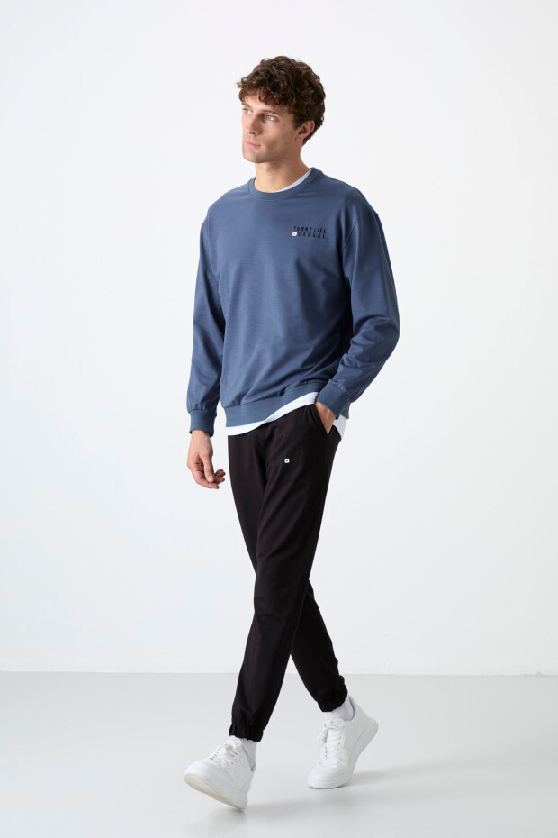 Petrol - Siyah Casual O Yaka Lastik Paça Pamuklu Erkek Oversize Eşofman Takımı - 85120 - 5