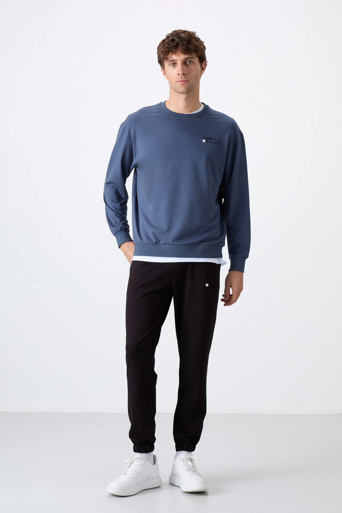 Petrol - Siyah Casual O Yaka Lastik Paça Pamuklu Erkek Oversize Eşofman Takımı - 85120 - TOMMYLIFE