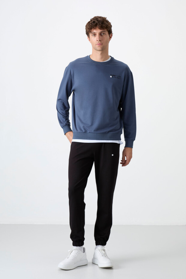 Petrol - Siyah Casual O Yaka Lastik Paça Pamuklu Erkek Oversize Eşofman Takımı - 85120 - 2