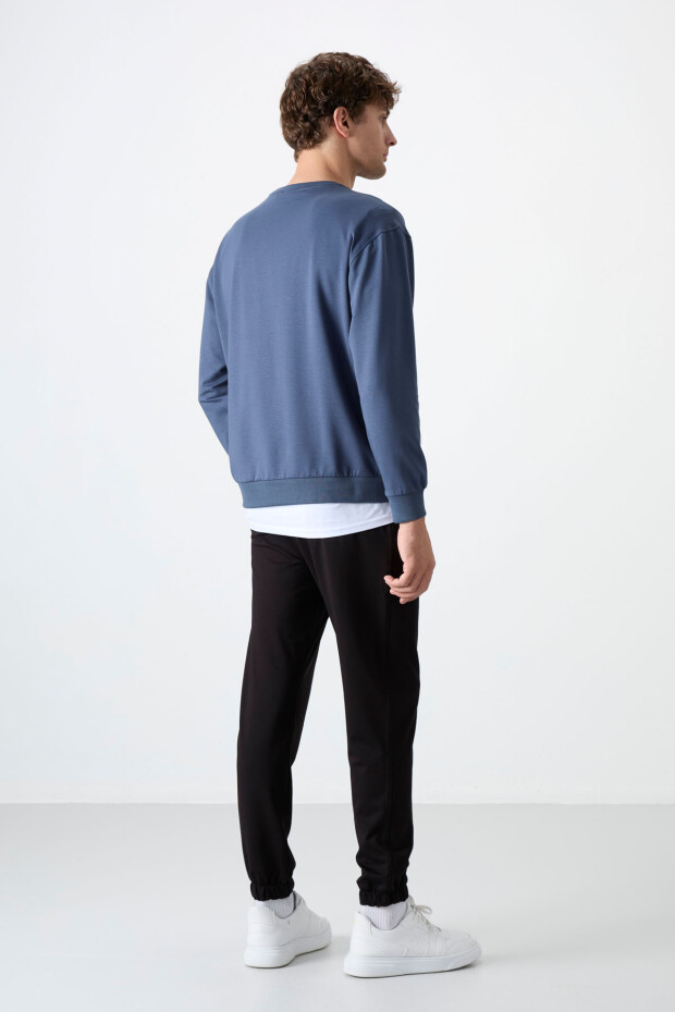 Petrol - Siyah Casual O Yaka Lastik Paça Pamuklu Erkek Oversize Eşofman Takımı - 85120 - 6