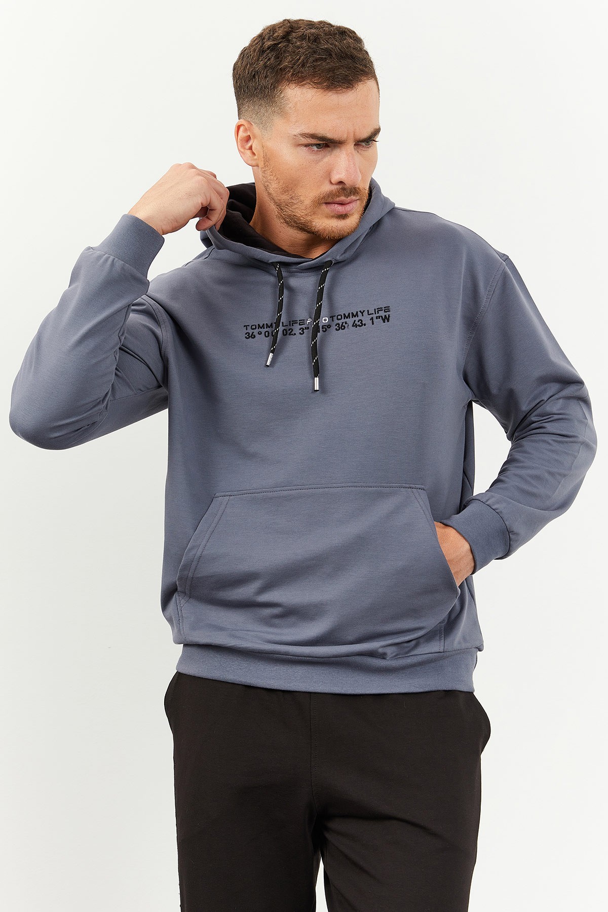 Petrol - Siyah Kapüşonlu Kanguru Cep Lastik Paça Erkek Oversize Eşofman Takımı - 85117 - TOMMYLIFE (1)