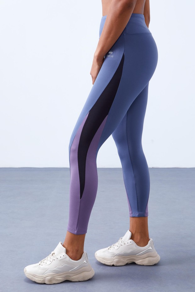 Petrol Üç Renkli Yüksel Bel Slim Fit Dar Paça Kadın Tayt - 94608