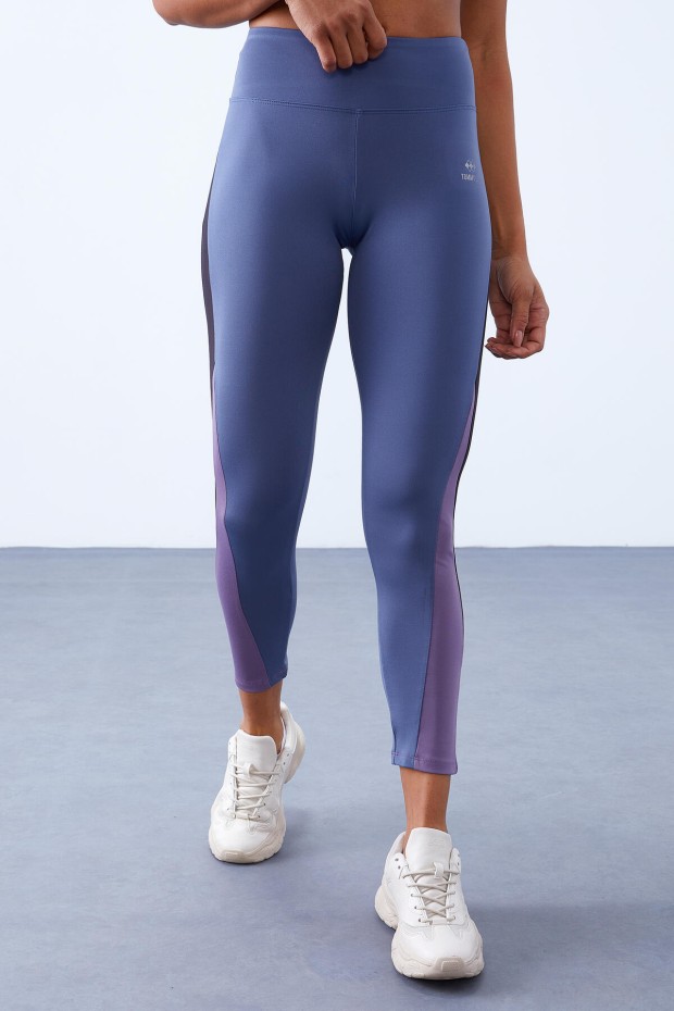 Petrol Üç Renkli Yüksel Bel Slim Fit Dar Paça Kadın Tayt - 94608