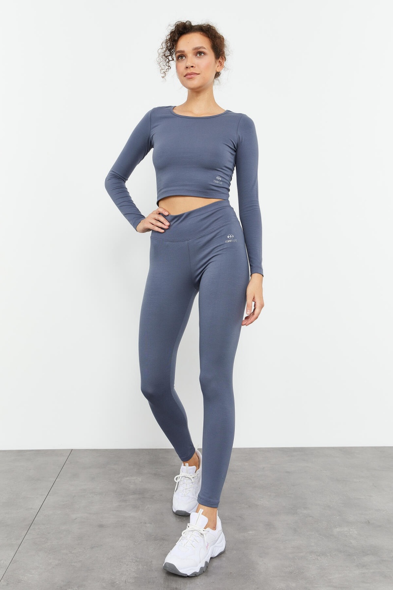 Petrol Uzun Kollu Dar Kalıp O Yaka Kadın Crop Top T-Shirt - 97150 - 4