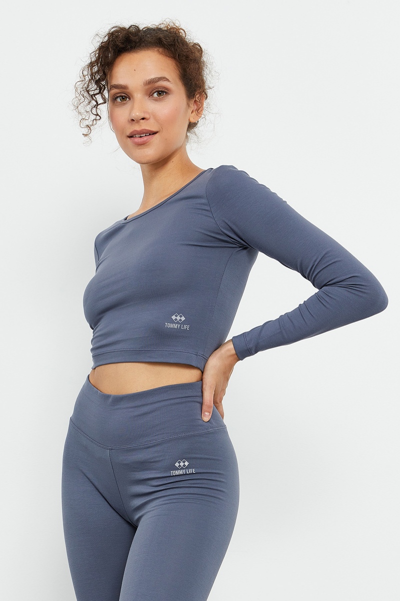 Petrol Uzun Kollu Dar Kalıp O Yaka Kadın Crop Top T-Shirt - 97150 - 5