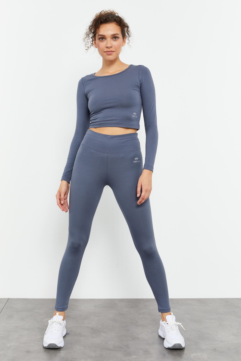 Petrol Uzun Kollu Dar Kalıp O Yaka Kadın Crop Top T-Shirt - 97150 - 6