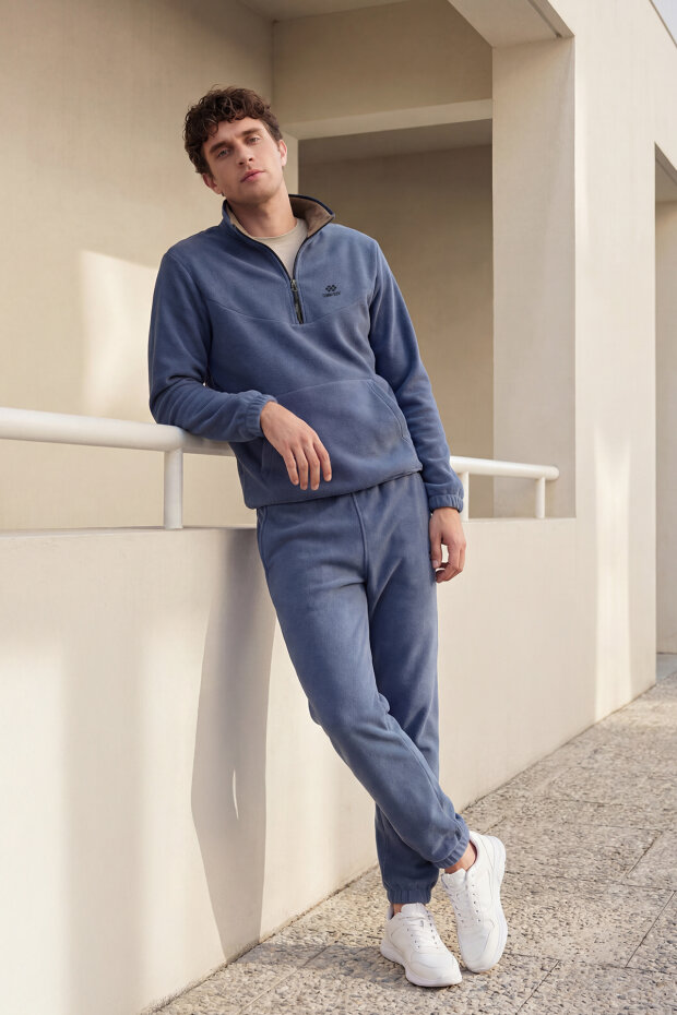 Petrol Yarım Fermuar Dik Yaka Lastik Paça Polar Erkek Eşofman Takımı - 85159 - 1