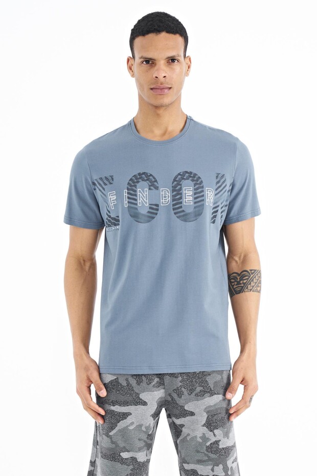 Petrol Yazı Baskı Detaylı O Yaka Standart Kalıp Erkek T-Shirt - 88187