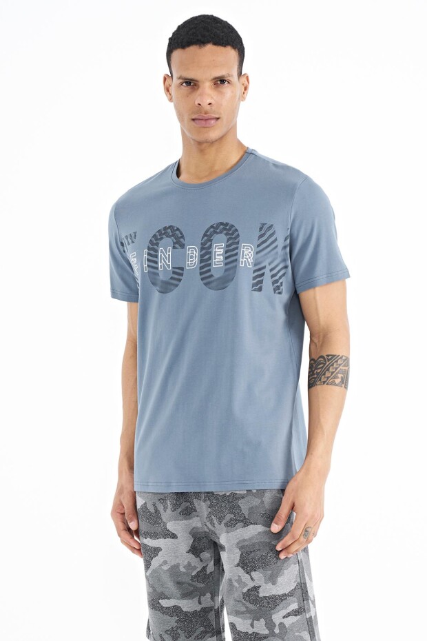 Petrol Yazı Baskı Detaylı O Yaka Standart Kalıp Erkek T-Shirt - 88187