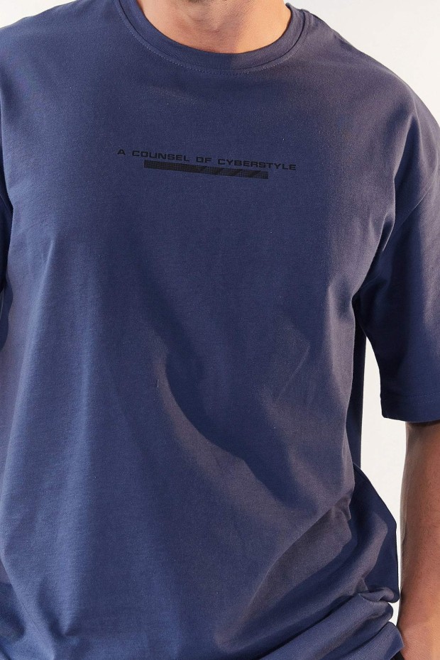 Petrol Yazı Baskılı O Yaka Erkek Oversize T-Shirt - 87984