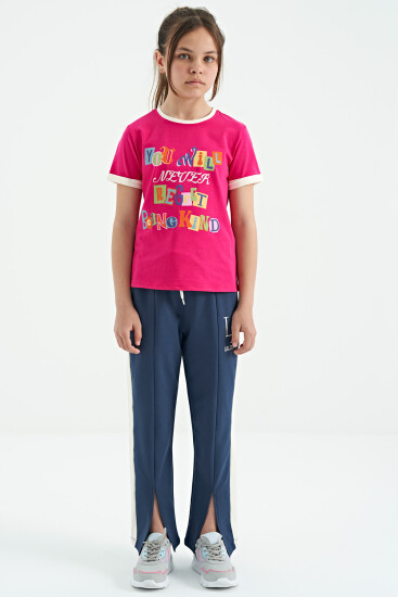 Petrol Yazı Nakış Detaylı Bağcıklı Rahat Kalıp Kız Çocuk Eşofman Alt - 75121 - TOMMYLIFE (1)