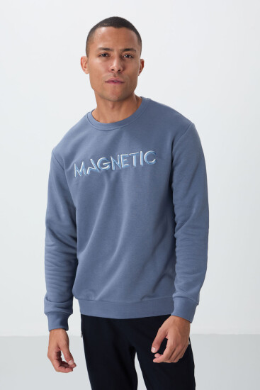Petrol Yazı Nakışlı O Yaka Rahat Form İçi Polarlı Erkek Sweatshirt - 88020 