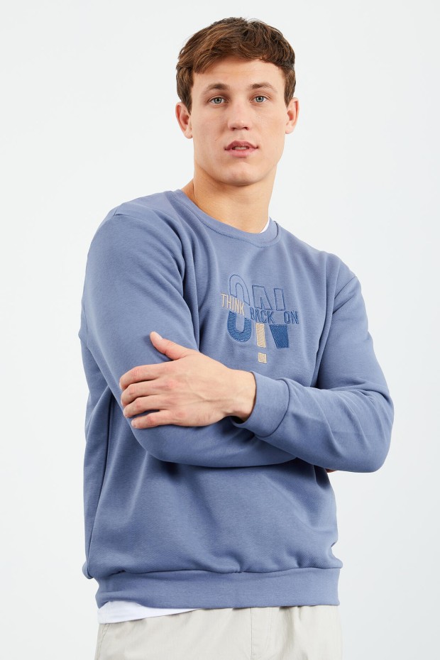 Petrol Yazı Nakışlı O Yaka Rahat Form Erkek Sweatshirt - 88021