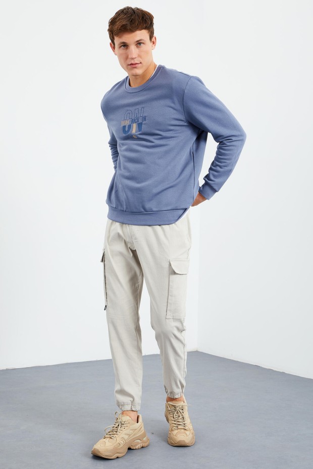 Petrol Yazı Nakışlı O Yaka Rahat Form Erkek Sweatshirt - 88021