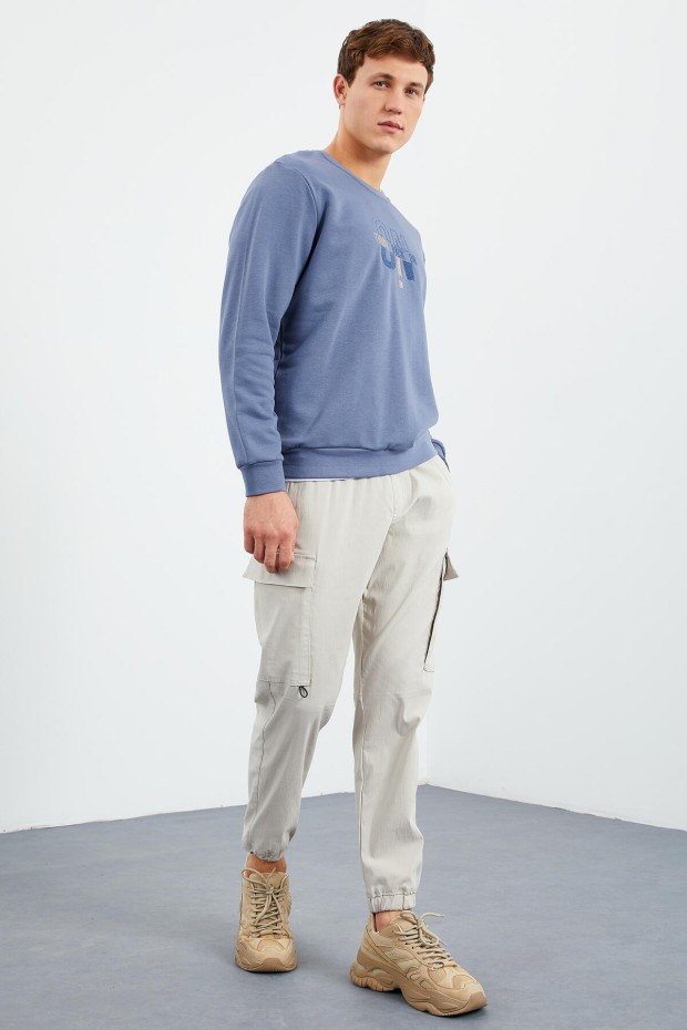 Petrol Yazı Nakışlı O Yaka Rahat Form Erkek Sweatshirt - 88021
