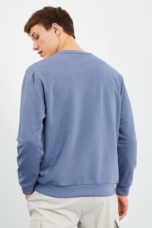 Petrol Yazı Nakışlı O Yaka Rahat Form Erkek Sweatshirt - 88021