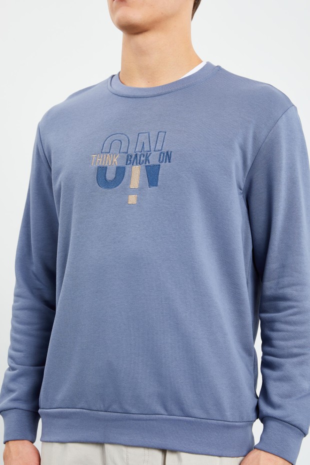 Petrol Yazı Nakışlı O Yaka Rahat Form Erkek Sweatshirt - 88021