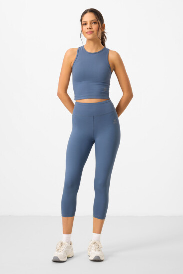Petrol Yüksek Bel Kapri-Crop Atlet Slim Fit Kadın Tayt Takım - 95284 