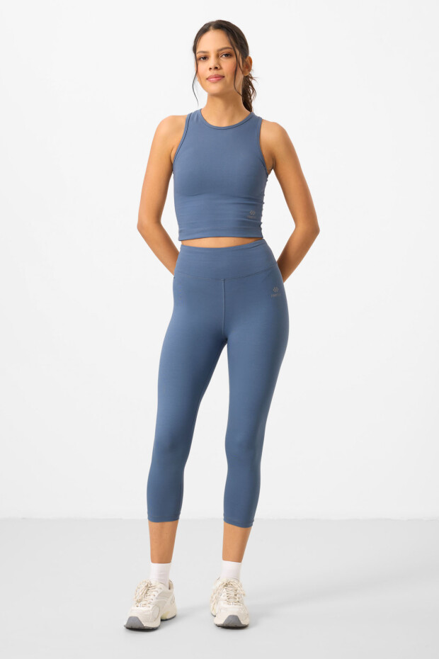 Petrol Yüksek Bel Kapri-Crop Atlet Slim Fit Kadın Tayt Takım - 95284 - 1