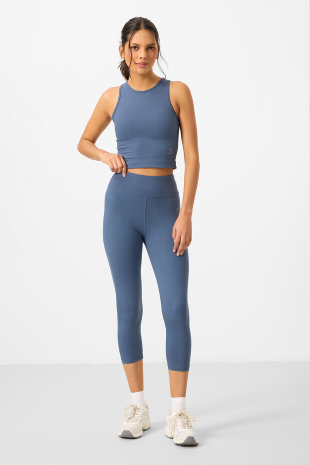 Petrol Yüksek Bel Kapri-Crop Atlet Slim Fit Kadın Tayt Takım - 95284 - 5